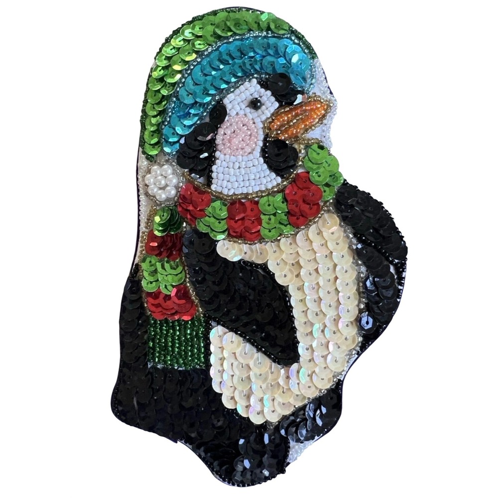 Penguin Beaded Sequin Trinket Box Purple Fabric Winter Holiday Jewelry Case